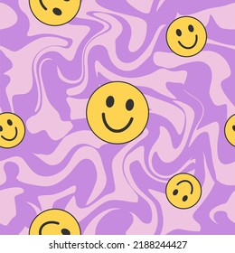 1970 Smile Seamless Pattern on Groovy Wavy Swirl Lavender Background. Seventies Style, Trippy Psychedelic Print, Wallpaper. Flat Design, Hippie Aesthetic. Hand-Drawn Vector Illustration.