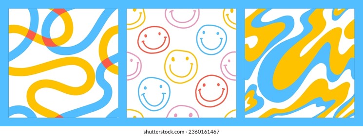 1970 Lächelt nahtloses Musterpaket mit naiver Groovy-Welle und Squiggle. Retrowave im Stil der 90er Jahre für Kinder. Freude bunter doodle-heller Hintergrund. Minimalistischer Baumschuldruck in Rot, Blau und Gelb.