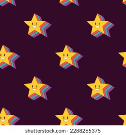 1970 smiling little star with rainbow reflection on dark background. Groovy kids hippie retro seamless pattern. Vintage style for textile party cover decor. Vector illustration.