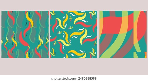 1970, squiggle shape Wavy Swirl Seamless Pattern Pack in Orange, Pink Green  Colors. Hand-Drawn Vector Illustration. Seventies Style, Groovy Background, Wallpaper. Flat Design 