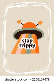 1970 stay trippy vector vintage retro colorful card design. Graphic T-shirt, Cover, Sticker. Fun hippie lettering with 1970 groovy retro element. Colorful 1970 shine