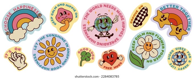 1970 Sticker Pack. Groovy Cartoon Rainbow, Daisy, Mushroom, Heart, Sun, Disko Ball, Earth on Skateboard, Stars with inspirational Slogan. Hippie Retro Character style. Isolated Vector illustration.