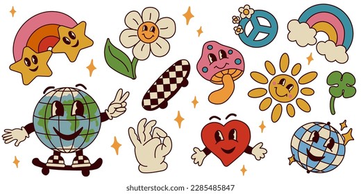 1970 Sticker Pack. Groovy Cartoon Rainbow, Daisy, Mushroom, Heart, Sun, Disko Ball, Earth on Skateboard, Stars, Peace, Clover. Hippie Retro Character style. Isolated Vector illustration.