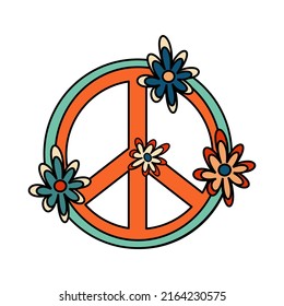 1970 sticker Peace sign with flowers Vector illustration isolated on white background