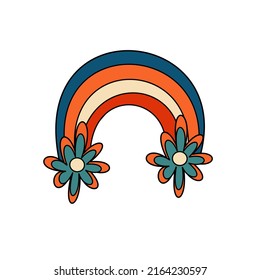 1970 sticker Rainbow and flowers. Vector illustration isolated on white background