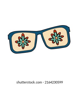 1970 sticker Sun glasses with flowers Vector illustration isolated on white background
