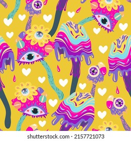 1970 style, Groovy. Neon colors, psychedelic mushrooms. Vector seamless Pattern. Yellow background, wallpaper, cartoon style