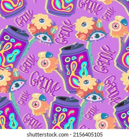 1970 style, Groovy. Psychedelic mushrooms, soda can, lava lamps. Vector seamless Pattern. Purple background, wallpaper, cartoon style