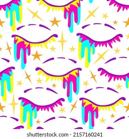 1970 style. Psychedelic closed eyes, neon colors. Vector seamless Pattern. Light background, wallpaper, cartoon style