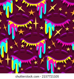 1970 style. Psychedelic closed eyes, neon colors. Vector seamless Pattern. Light  background, wallpaper, cartoon style