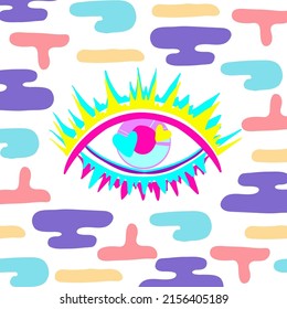 1970 style. Psychedelic eye, neon colors. Postcards, stickers, posters. Cartoon style