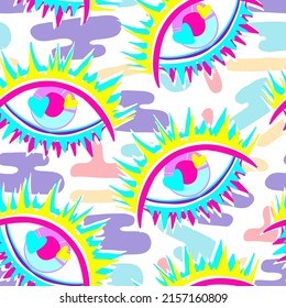 1970 style. Psychedelic eye, neon colors. Vector seamless Pattern. Light  background, wallpaper, cartoon style