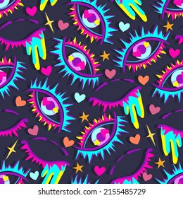 1970 style. Psychedelic eyes, neon colors. Vector seamless Pattern. Dark background, wallpaper, cartoon style