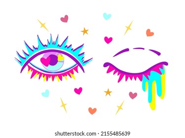 1970 style. Vector illustration. Psychedelic eyes, neon colors. Postcards, stickers, posters. Cartoon style