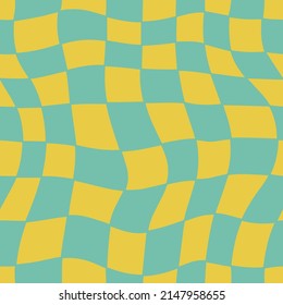 1970 Trippy Grid Seamless Pattern in Yellow and Azure Colors. Hand-Drawn Vector Illustration. Seventies Style, Groovy Background, Wallpaper, Print. Flat Design, Hippie Aesthetic.