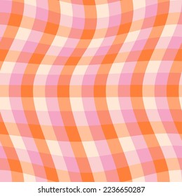 1970 Trippy Grid, Wavy Seamless Pattern in Pink and Orange Colors. Hand-Drawn Vector Illustration. Seventies Style, Groovy Background, Wallpaper, Print. Flat Design, Hippie Aesthetic.