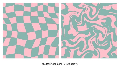 1970 Trippy Grid and Wavy Swirl Seamless Pattern Set in Pink and Green Pastel Colors. Hand-Drawn Vector Illustration. Seventies Style, Groovy Wallpaper, Print. Flat Design, Hippie Aesthetic.