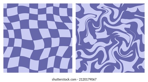 1970 Trippy Grid And Wavy Swirl Seamless Pattern Set In Lavender Very Peri Colors. Hand-Drawn Vector Illustration. Seventies Style, Groovy Background, Wallpaper, Print. Flat Design, Hippie Aesthetic.