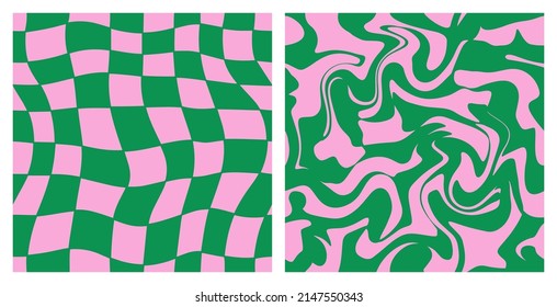 1970 Trippy Grid and Wavy Swirl Seamless Pattern Set in Pink and Green Colors. Hand-Drawn Vector Illustration. Seventies Style, Groovy Background, Wallpaper, Print. Flat Design, Hippie Aesthetic.