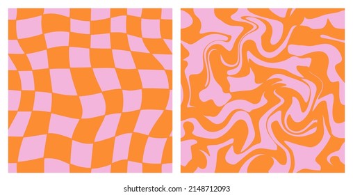 
1970 Trippy Grid and Wavy Swirl Seamless Pattern Set in Pink and Orange Colors. Hand-Drawn Vector Illustration. Seventies Style, Groovy Background, Wallpaper, Print. Flat Design, Hippie Aesthetic.