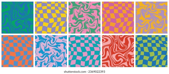 1970 Trippy Grid and Wavy Swirl Seamless Pattern Set in Neon Colors. Hand-Drawn Vector Illustration. Seventies Style, Groovy Background, Wallpaper, Print. Psychedelic Design, Hippie Aesthetic.