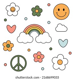 1970 trippy groovy set. White, green, pink daisies, pink and blue hearts, rainbow, smile, peace, cloud on white background. 70s vibes elements, cartoon stickers. Groovy hand drawn vector illustration.