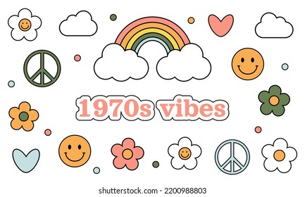 1970 trippy groovy sticker set. Daisies, hearts, rainbow, smiles, symbols peace, clouds on white background. 70s vibes elements, cartoon stickers. Groovy hand drawn vector illustration.