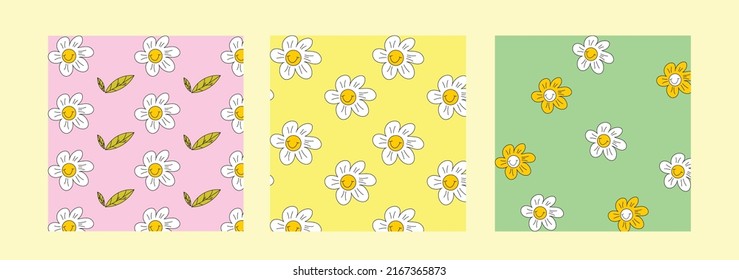 1970 trippy pattern daisy flowers. Groovy chamomile seamless pattern. Hippie smile face,chamomile flower, hippy, 60s, 70s