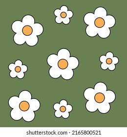 1970 trippy pattern daisy. White daisies on green background. 70s vibes floral background. Groovy hand drawn vector illustration.