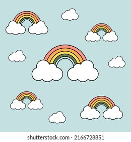 1970 trippy pattern rainbow. Colorful rainbow and white clouds on a light blue background. 70s vibes background. Groovy hand drawn vector illustration.