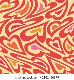 1970 Trippy Psychedelic Hearts Seamless Pattern on Orange, Red Colors. Hand-Drawn Vector Illustration. Seventies Style, Groovy Background, Wallpaper, Print. Flat Design, Hippie Aesthetic.