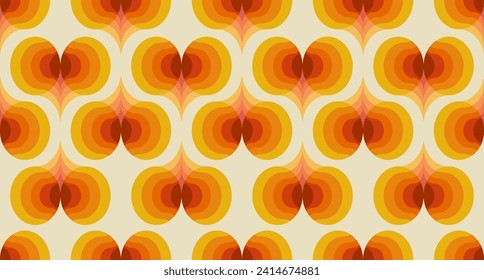 1970 Trippy Psychedelic Hearts Seamless Pattern on Orange, Red Colors. Ilustración de vectores de mano. Estilo Setenties, Fondo Groovy, Papel de escritorio, Imprimir. Diseño plano, estética hippie.