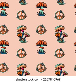 1970 trippy seamless psychedelic pattern with different mushrooms and peace sing.