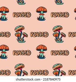 1970 trippy seamless psychedelic pattern with different mushrooms and peace text.