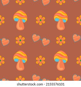 1970 vibe boho style vector seamless pattern. 1970 mushrooms, heart shape glasses, hippie flowers. 1970 wallpapers.
