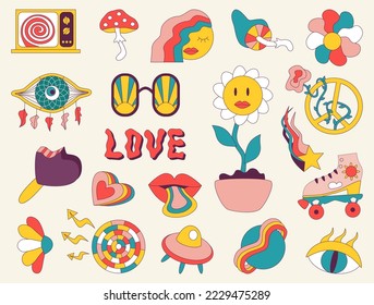 1970 vintage groovy love peace elements. 1960 retro hippie style. Positive psychedelic mushrooms dream catcher daisy rainbow hear, disco ball icecream roller skates ufo magic eye. Vector illustration.