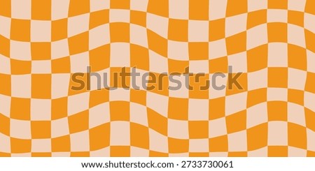 1970 Wavy Checkered Seamless Pattern in Orange Colors. Seventies Style, Groovy Grid Background, Wallpaper, Print. Flat Hippie Aesthetic vector bg