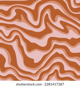1970 Wavy swirl background pattern in pink and brown colors. Hand-drawn vector illustration. Seventies style, groovy background, wallpaper, print. Flat design, hippie aesthetic. Vector illustration