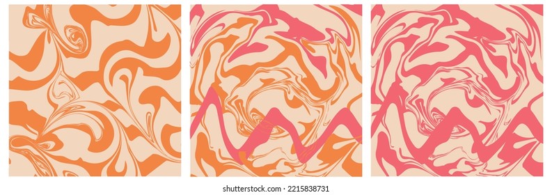 1970 Wavy Swirl Background Set In Orange And Pink Colors. Hand-Drawn Vector Illustration. Seventies Style, Groovy Background, Wallpaper, Print. Flat Design, Hippie Aesthetic.