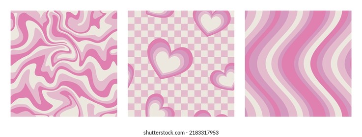 1970 Wavy Swirl  Gradient Hearts  Wavy Lines Retro Seamless Pattern Set in Pastel Pink Colors  Hand  Drawn Vector Illustration  Seventies Style  Groovy Background   Print  Flat Design  Hippie Aesthetic