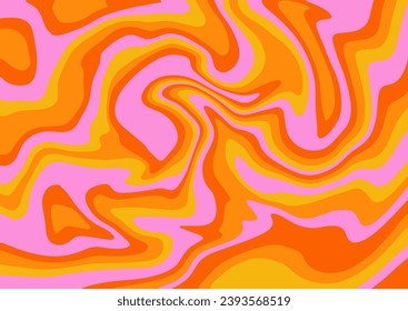 1970 Wavy Swirl Pattern in Orange and Pink Colors. Vector Illustration. Seventies Style Marble Groovy Background, Wallpaper, Print. Flat Design in trendy distorted Hippie Aesthetic.