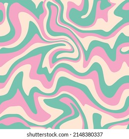 1970 Wavy Swirl Seamless Pattern In Pink, Green And Beige Colors. Hand-Drawn Vector Illustration. Seventies Style, Groovy Background, Wallpaper, Print. Flat Design, Hippie Aesthetic.