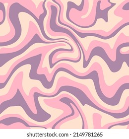 1970 Wavy Swirl Seamless Pattern In Pastel Lavender Colors. Hand-Drawn Vector Illustration. Seventies Style, Groovy Background, Wallpaper, Print. Flat Design, Hippie Aesthetic.