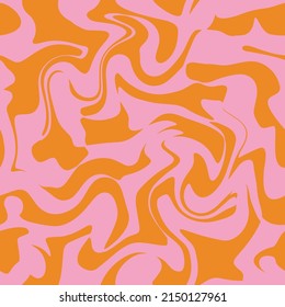 1970 Wavy Swirl Seamless Pattern in Pink and Orange Colors. Hand-Drawn Vector Illustration. Seventies Style, Groovy Background, Wallpaper, Print. Flat Design, Hippie Aesthetic.