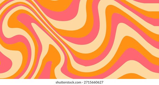 1970 Wavy Swirl Seamless Pattern in Orange and Pink Colors. Hand-Drawn Vector Illustration. Seventies Style, Groovy Background, Wallpaper, Print. Flat Design, Hippie Aesthetic.
