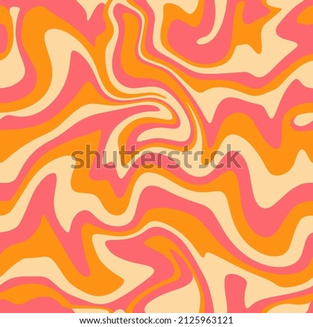 1970 Wavy Swirl Seamless Pattern in Orange and Pink Colors. Hand-Drawn Vector Illustration. Seventies Style, Groovy Background, Wallpaper, Print. Flat Design, Hippie Aesthetic.