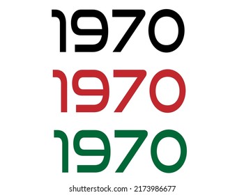 1970. Año de conmemoración en negro, rojo y verde. Vetor con fondo blanco.