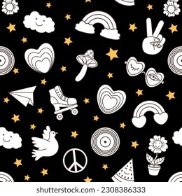 1970-1960s elements Seamless Patterns Design Wallpaper. Cartoon vector illustration. Trendy retro psychedelic style 