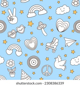 1970-1960s elements Seamless Patterns Design Wallpaper. Cartoon vector illustration. Trendy retro psychedelic style 