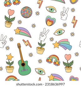 1970-1960s elements Seamless Patterns Design Wallpaper. Cartoon vector illustration. Trendy retro psychedelic style 